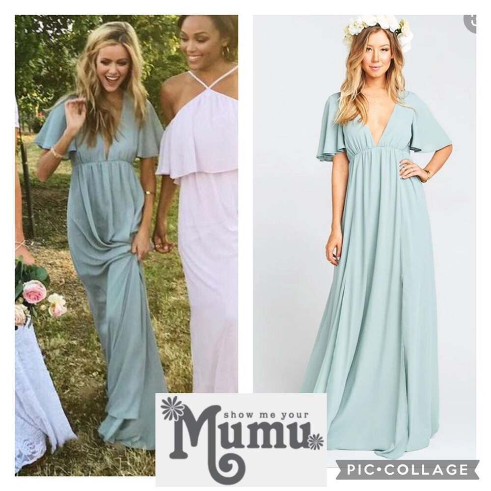 Show me your mumu faye flutter maxi dress Deep V open back sage crisp size small